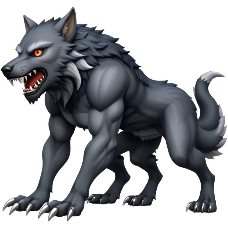 cinematic-noble-fierce-werewolf-full body on all fours-emoji, poised-and-imposing, with a tall, lean, and muscular wolfish frame inspired by the brutal, imposing shape of the beast from Berserk, fur rippling in shades of midnight black and silver, massive paws with razor-sharp claws, elongated limbs and fangs, eyes glowing with an intense, primal ferocity, reflecting the untamed power of the wild moonlit night; rendered with realism like a wolf emoji