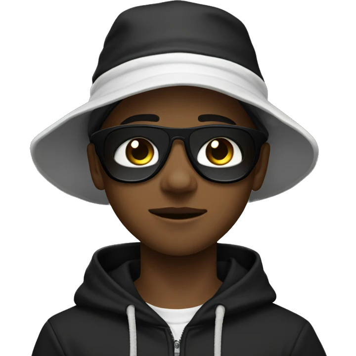 a 15 year old boy wearing a black tub hat black sunglasss black mouth mask white hoodie an black cargo pants emoji