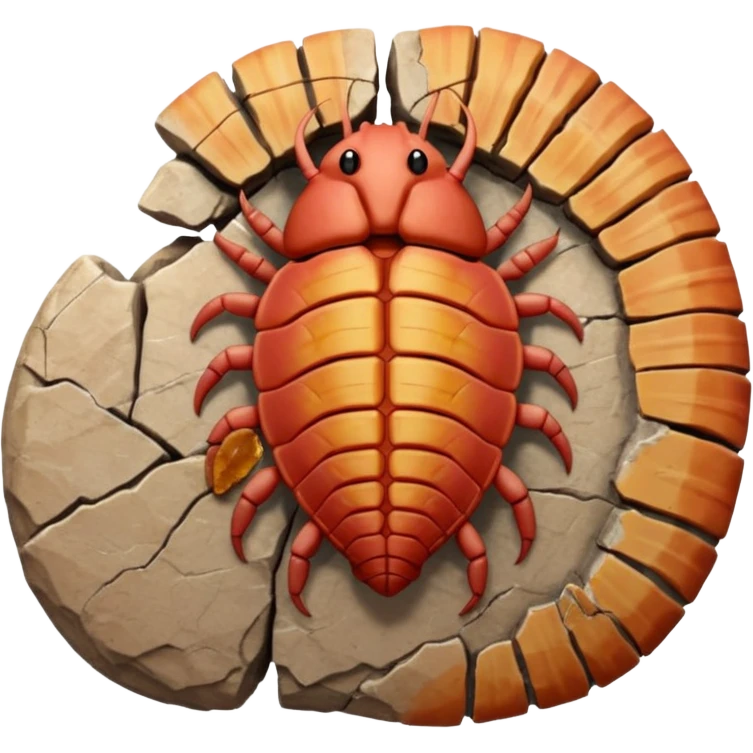 3D render of Trilobite, embedded in a chunk of rough sedimentary rock, cracked stone texture, ancient fossil aesthetic, fossilized in reddish sandstone rock, matte dry finish, Apple emoji style, isolated on white background --v 6.0 emoji