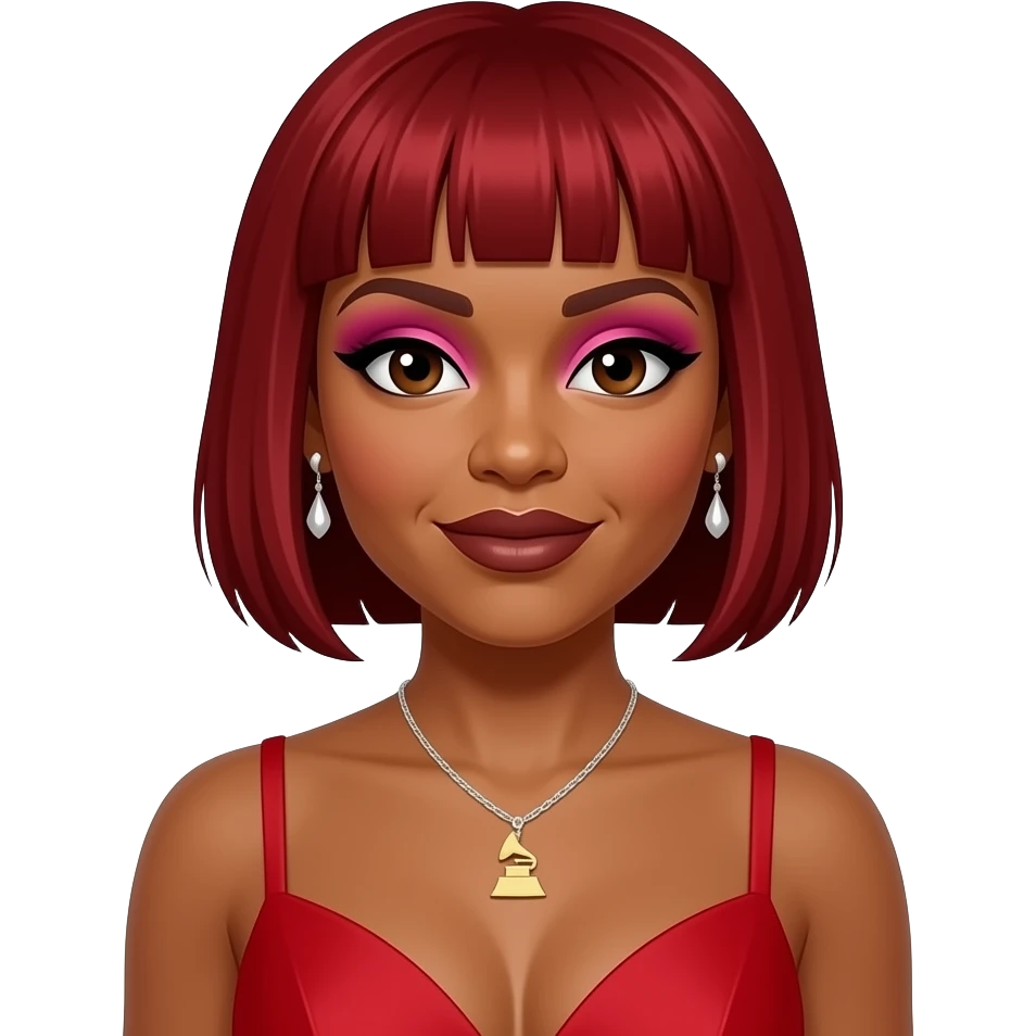 Tionne T-Boz Watkins from TLC with brown eyes, ruby red micro-fringed bob hair, hot pink eyeshadow, dark brown lipstick, red grammy dress, necklace and earrings emoji