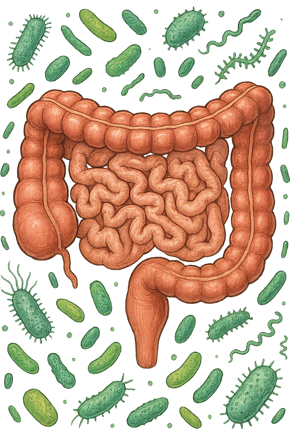 intestino umano anatomico con qualche batterio intestinale che gli fluttua intorno, ISOLATO SU SFONDO BIANCO emoji