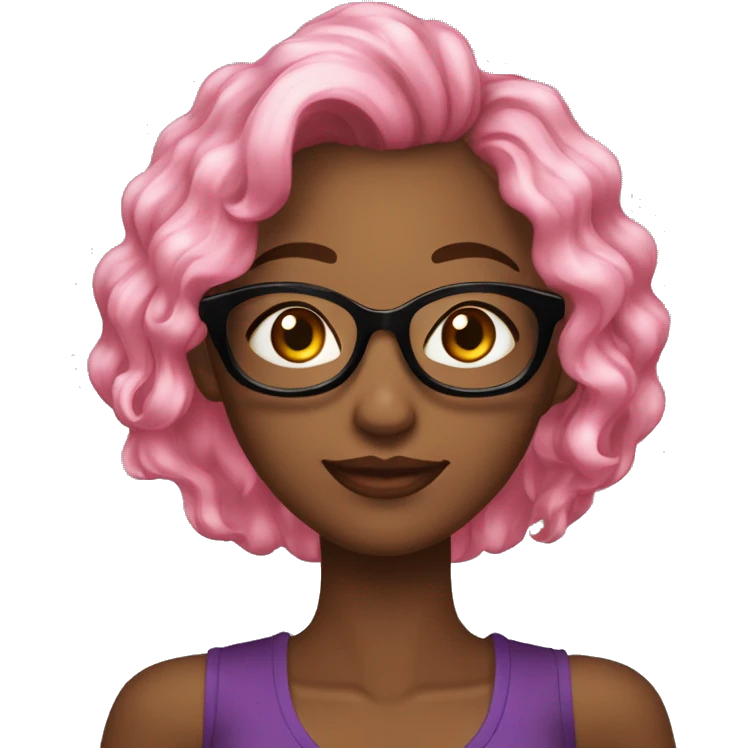 Mulher de pele parda com cabelo médio preto sobrancelhas grossas, olhos brilhantes, óculos, boca rosada, olhos castanhos, duas covinhas, blusa de gola alta preta   emoji
