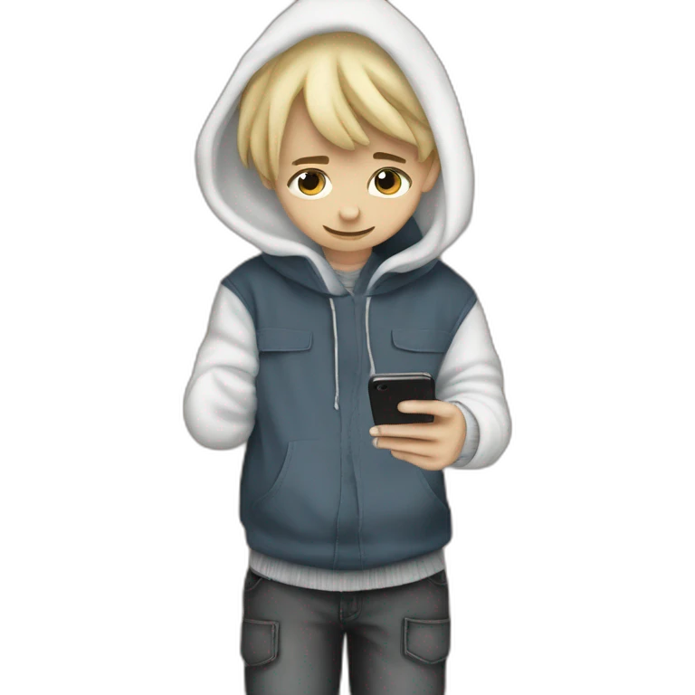 boy with short hair holding cellphone emoji