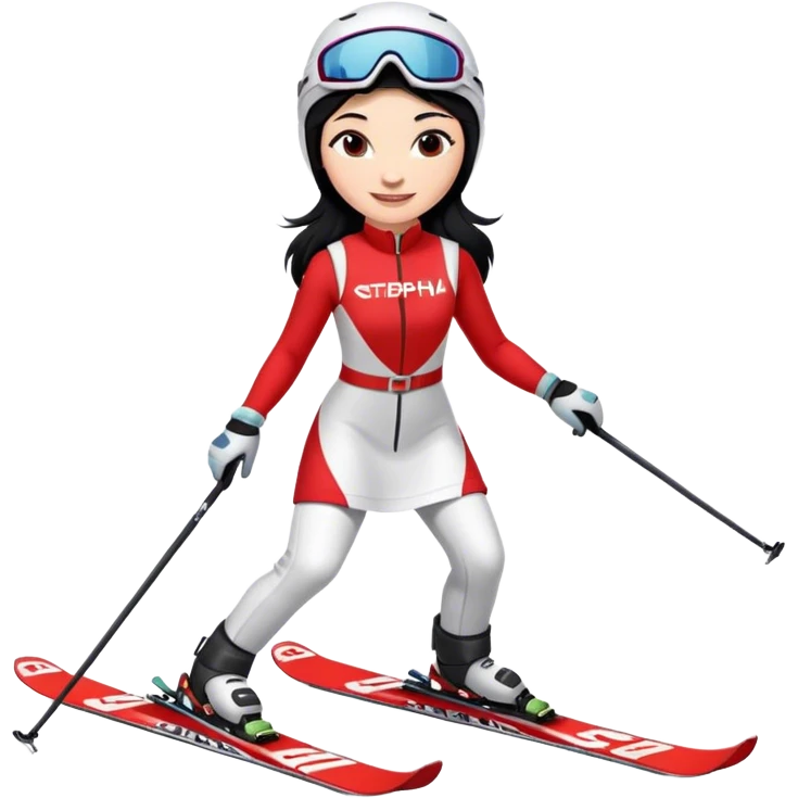 Ski racer woman, red white dress, with the name STEPHANIE on the dress, the name HEAD on the skis, black hair, smile emoji