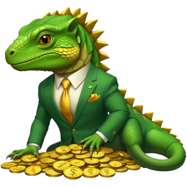 capitalist iguana in suit lying on coins emoji