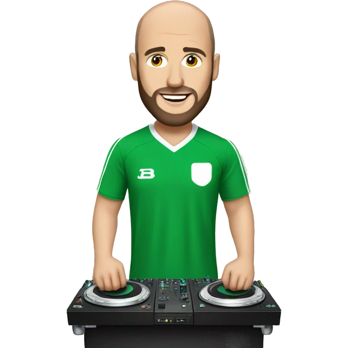Balding guy with beard, wearing a green and white football kit, DJing emoji