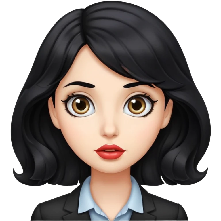 more realistic girl office, wavy lack hair, big eyes, big lips emoji