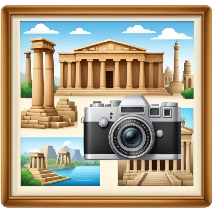 Icon for Historical and Cultural Tourism: iconic landmarks like ancient ruins, a museum and a historical monument, with a travel guidebook and camera. The icon should capture the exploration of history and culture. Transparent background. emoji
