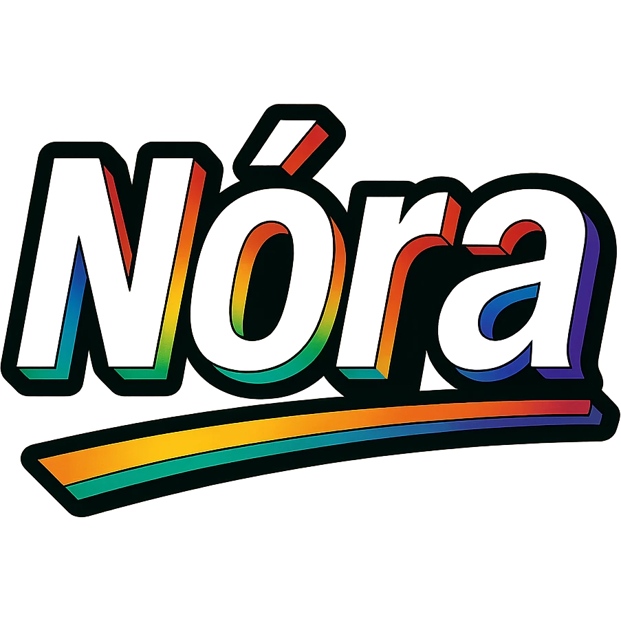 The name 'Nóra' in modern, precise Hungarian letters with a rainbow gradient fill, extra thick white letter border, dark contour, transparent background, dynamic slanted underline, in the style of the reference samples. emoji