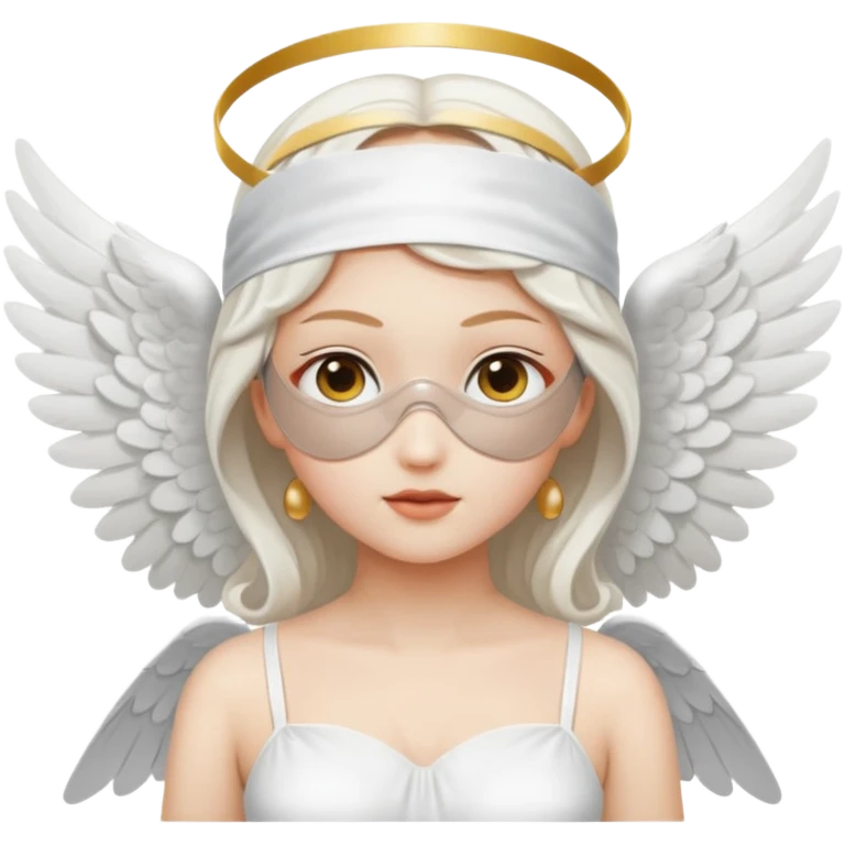 angel with white blindfolds on eyes, white dress, pale skin and  two large wings emoji