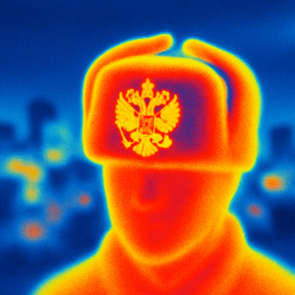 Russian ushanka hat with the emblem of Russia in a city background emoji