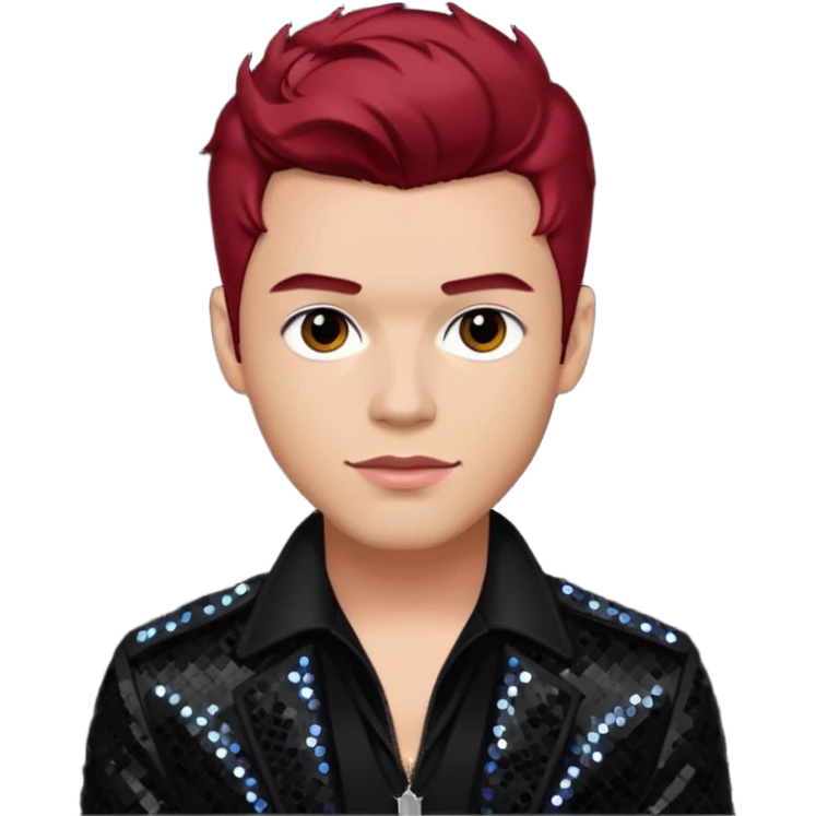 Jacob Underwood, pop singer from O-Town with light skin, dark red hair, black sequin outfit emoji
