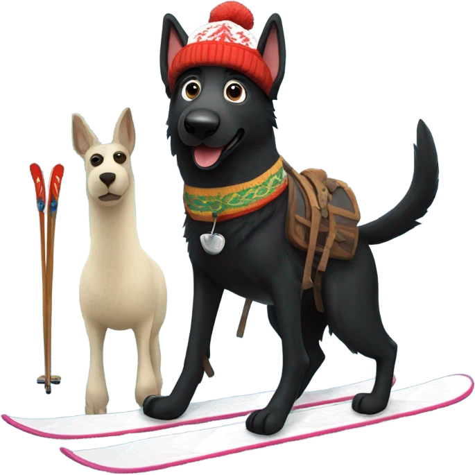 Black German shepherd on skis with a Norwegian hat on holding a llama emoji