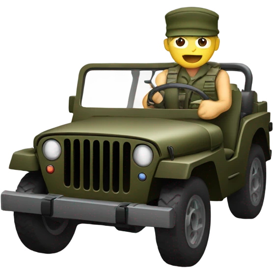A soldier driving a jeep without a roof, hands on the steering wheel. emoji