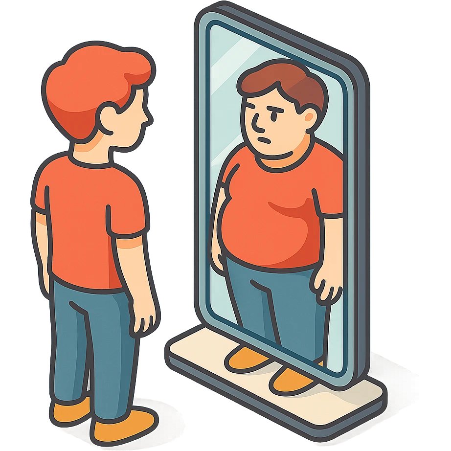 mirror reflecting a body that differs from the original, hinting at distorted body perception or psychosomatics of appearance, the physical reflects the inner self, with clear shadows and highlights, 2D isometric style emoji