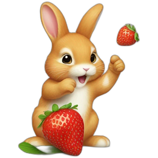 A little ginger bunny reaching up to eat a strawberry off a small teee emoji
