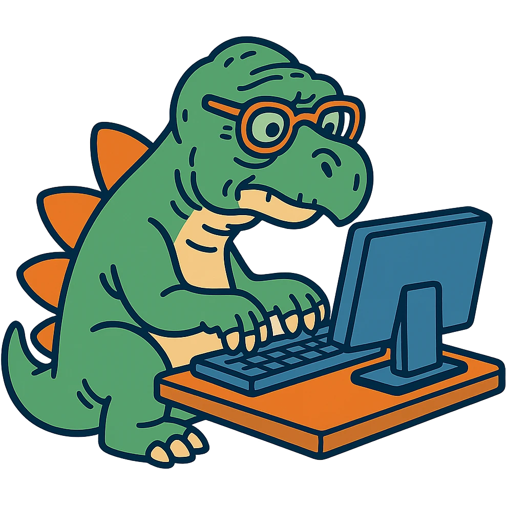 cartoonish old dinosaur typing on a computer emoji