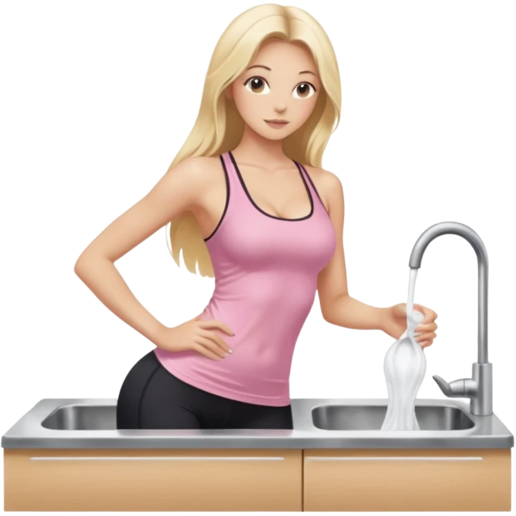 Seductive, thin fair skinned woman, long blond hair, washing dishes, SFW sheer pink tank top, without undergarments showing natural breast shape SFW, black yoga pants, perfect booty emoji