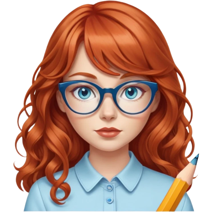redheaded woman with very long wavy hair and bangs, blue eyes, clear cat-eye glasses, stylish modern outfit, holding a pencil emoji