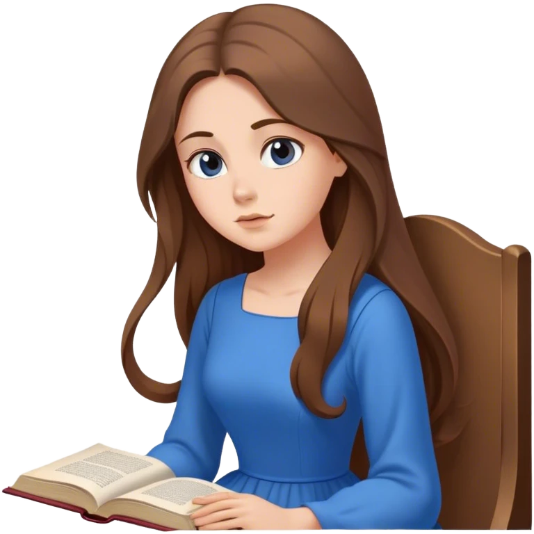 Cinematic Elegant Belle Portrait Emoji, Sitting with an open book, eyes dreamy with thought, her iconic blue village dress draped gracefully, exuding intelligence, kindness, and timeless charm! emoji