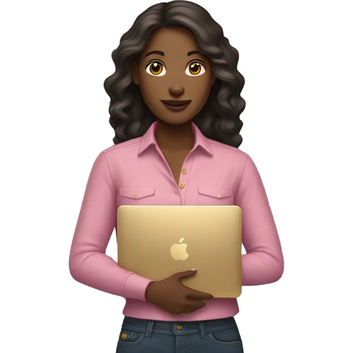 Fair skintone woman wearing a pink shirt holding a gold macbook emoji