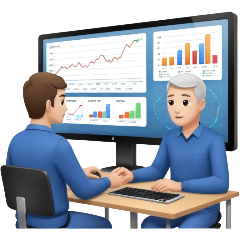 teaching somebody else in person, in the same place, watching the same monitor together, the trainee and trainer are in the similar age, two both are men, the monitor should be showing some data graphs  emoji