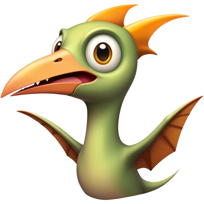 Cinematic Comical Pterodactyl Portrait Emoji, Head tilted dramatically with an exaggeratedly shocked expression, featuring a sleek, streamlined body with a quirky, animated beak and wide, comically expressive eyes full of playful disbelief, Simplified yet hilariously expressive features, highly detailed, glowing with a slightly sassy ethereal glow, high shine, dramatic yet playful, stylized with an air of cheeky prehistoric mischief, soft glowing outline, capturing the essence of a meme-worthy Pterodactyl that looks ready to side-eye its way into viral fame! emoji