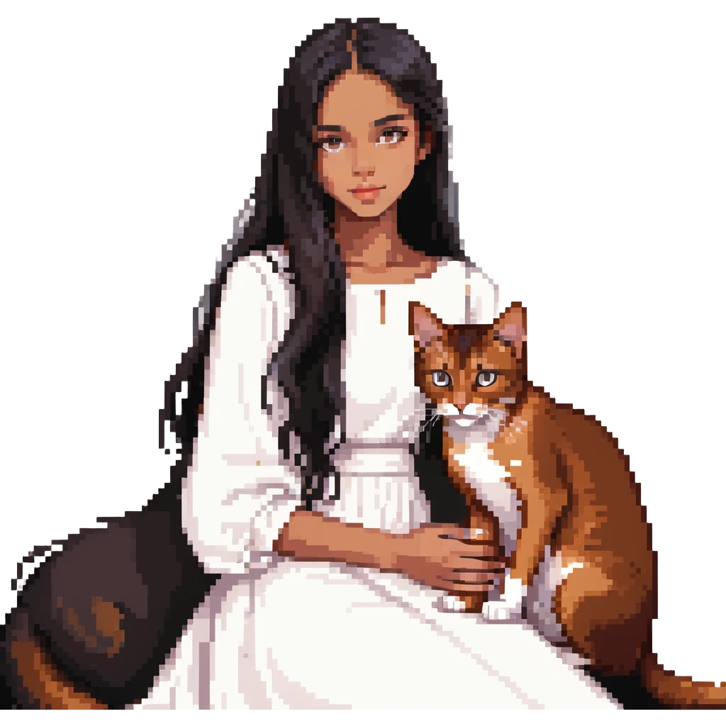 beautiful girl with long black hair in a white dress cuddling an Abyssinian cat with reddish-brown fur emoji