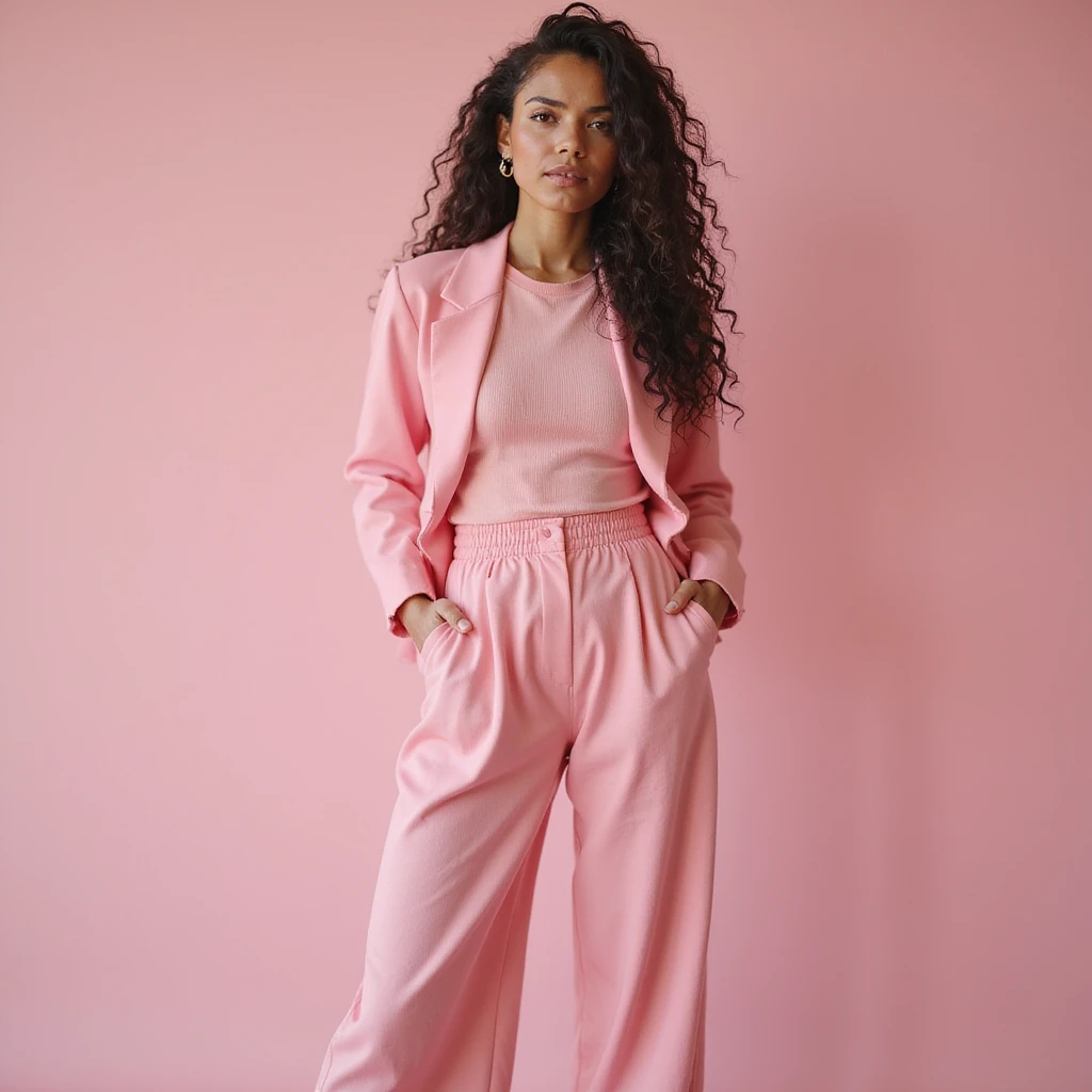 a fashionable woman in a trendy pink outfit, photorealistic emoji