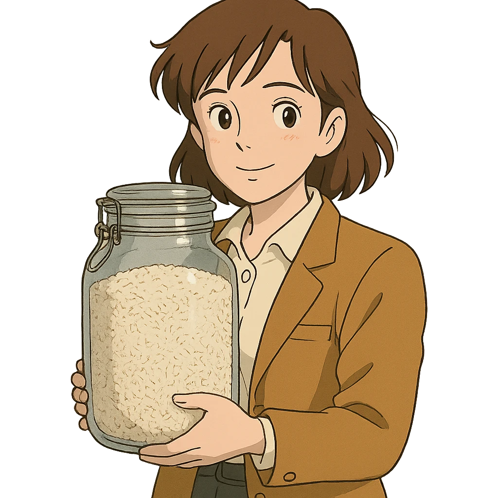designer woman with brown hair holding a big glass jar of rice in ghibli style emoji