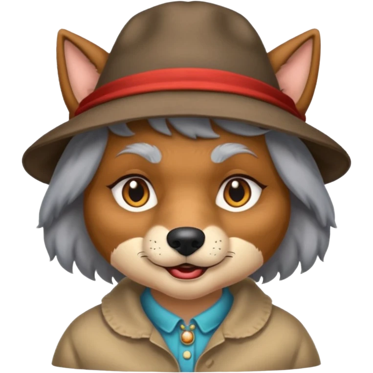 The big bad wolf is wearing Grandma's clothes and a hat, yet its face still looks like a wolf's. emoji