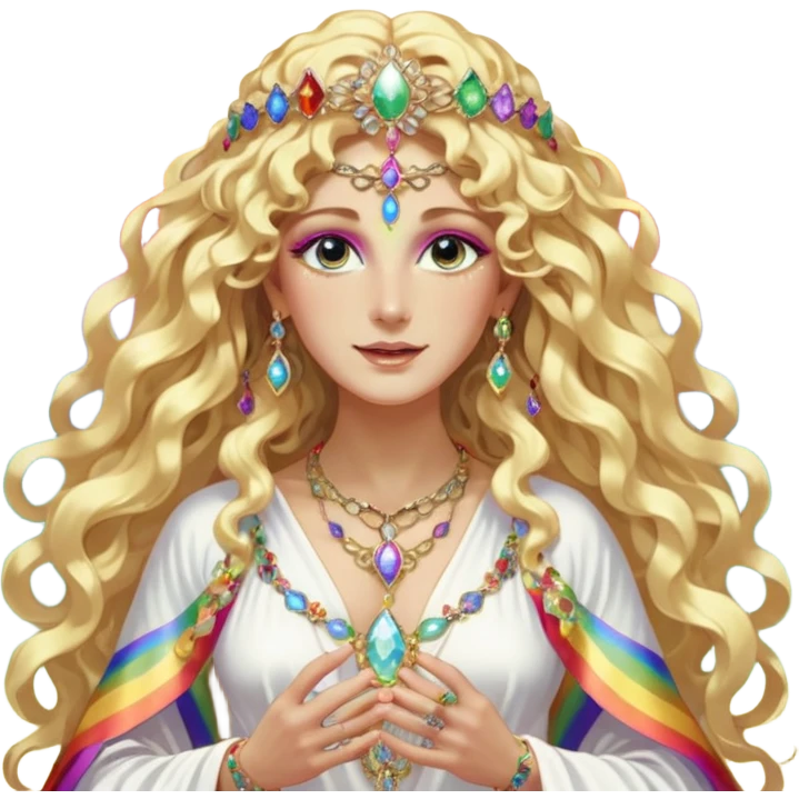 a being made of light pleidian nordic long faces and curly huge thick blond hair but beautiful features of light wearing jewels and a rainbow halo like a saint arount her a robe on made of light and gem  transparent belly dancer and who is lanky holding a bouquet of crystal flowers on rainbow fire emoji