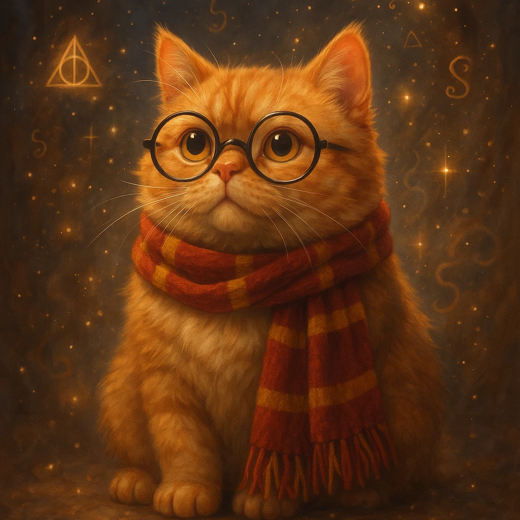 a chubby orange cat wearing Harry Potter glasses and scarf, magical atmosphere, detailed, fantasy style emoji