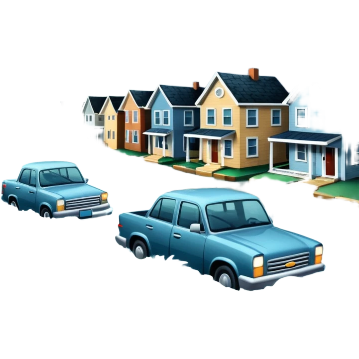 showing a flood disaster scene with strong water waves overflowing streets, partially submerged houses and cars, dark cloudy sky emoji