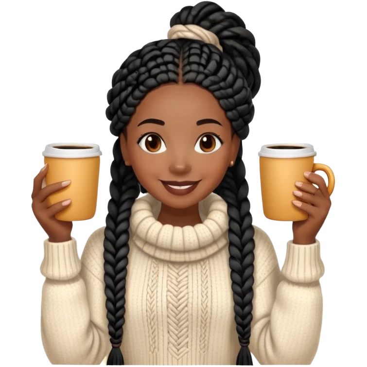 A dark-skinned Black woman with long black box braids, holding a steaming coffee cup with both hands, wearing a cozy sweater, smiling. emoji
