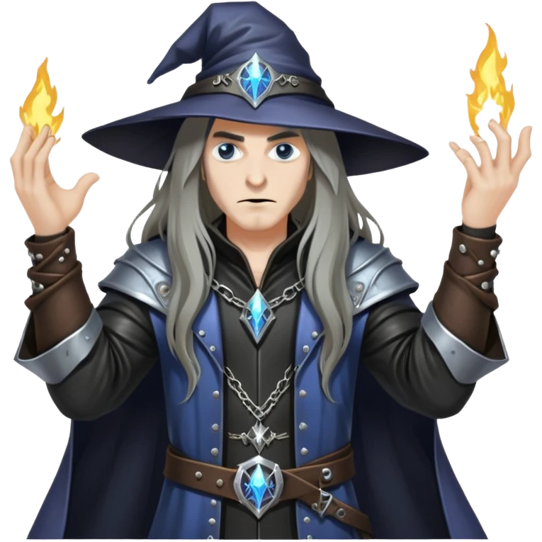 wizard with long hair, heavy metal aesthetic, leather clothes, dark magic emoji