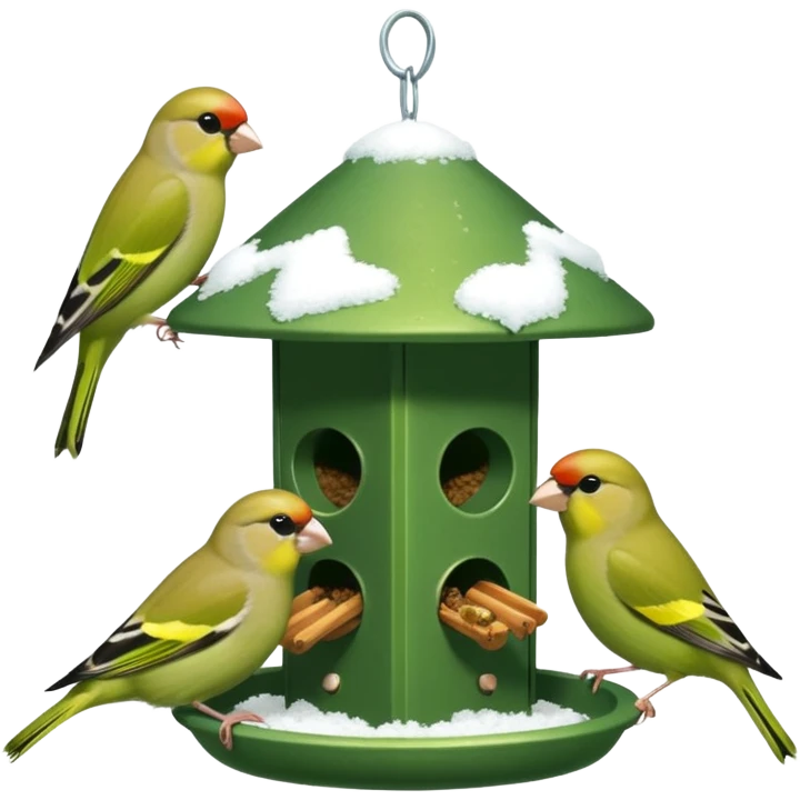 3 Green finch feeding on a bird feeder in the snow emoji