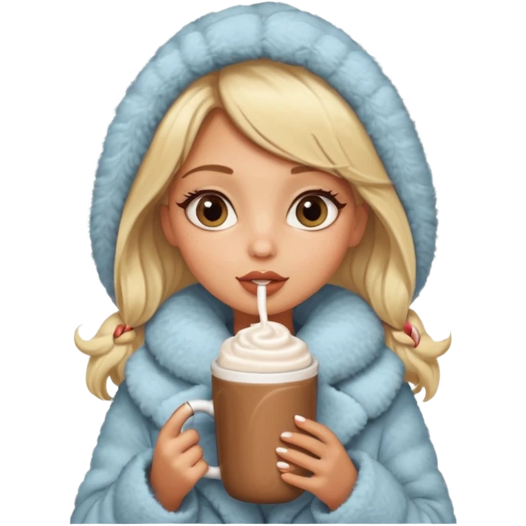 Tanned Girl with lashes , blonde hair, in an extremely big fluffy oversized coat and hold hot chocolate drink and big eyes like dog, big lip emoji
