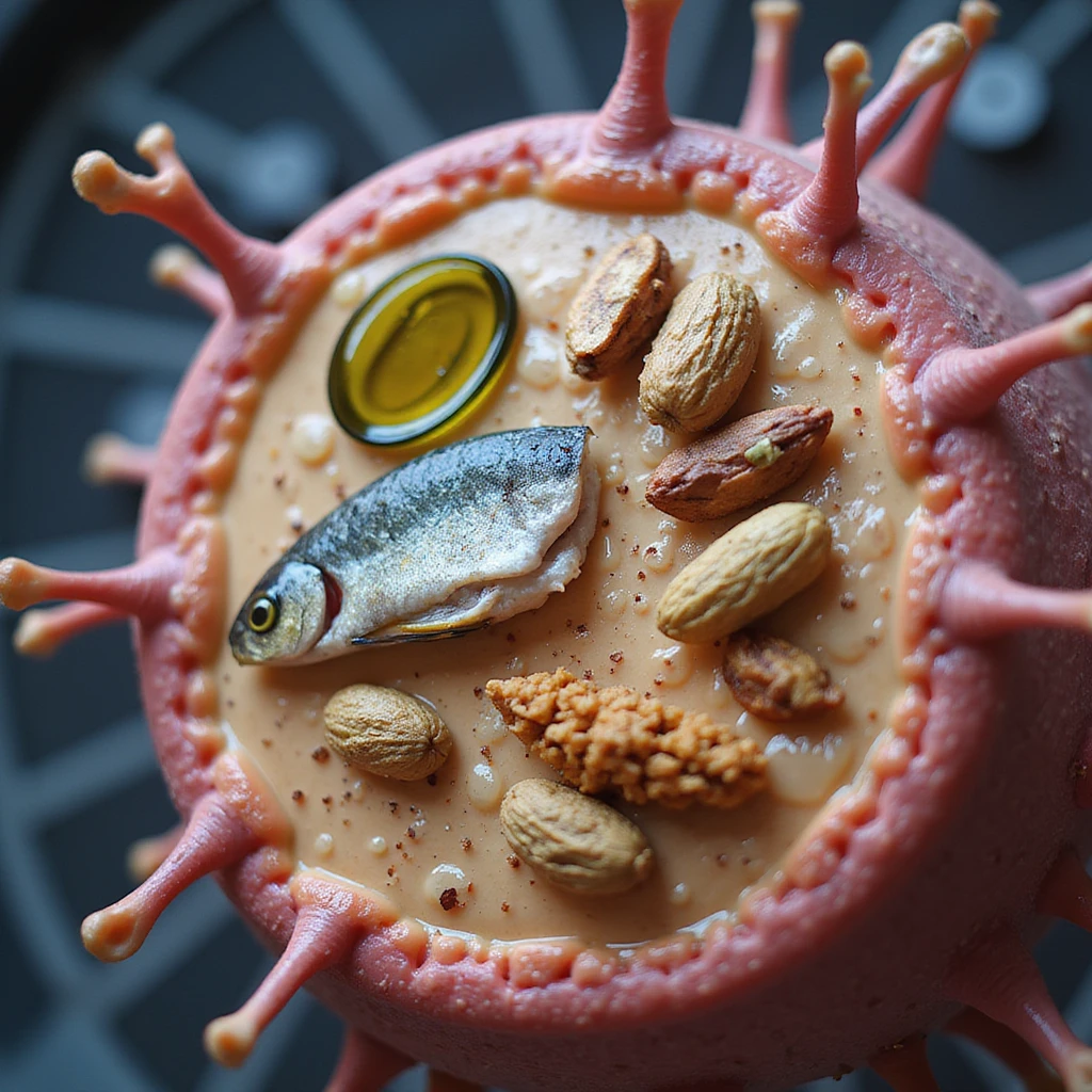 realistic image of human cells with highlighted membranes and sources of good fats (olive oil, fish, nuts) forming a protective barrier around cells, Italian caption 'Grassi: scudo per le membrane cellulari', modern background emoji