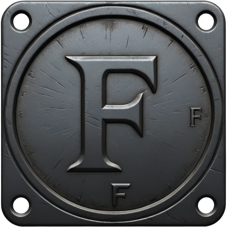 Minimal emoji, gothic metal coin made of black steel, engraved number f at the center, ancient industrial aesthetic, worn metal texture, no glow, no neon, flat emoji design, centered, transparent background emoji