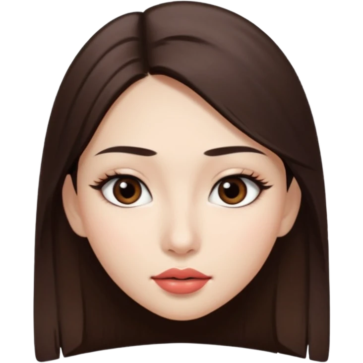 Una chica con piel muy clarita con pleo liso largo de color castaño y unos ojos marrones oscuro y labios grandes y nariz bonita y con unas pestañas que parezca asiatica que tenga las cejas un poquito mas juntas emoji