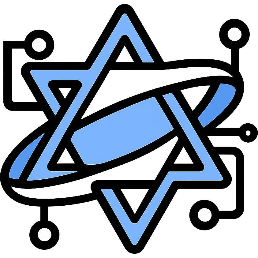 Create an Israeli AI-generated intelligence icon inspired by the reference image. Integrate digital or neural network elements into the Star of David and ring design, emphasizing a modern, tech-inspired look. Use a blue and white color palette suitable for a technology brand. Maintain a transparent background. emoji