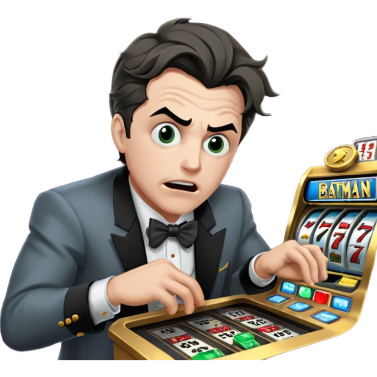 disheveled bat man losing money at a slot machine, panicked face, coins flying emoji