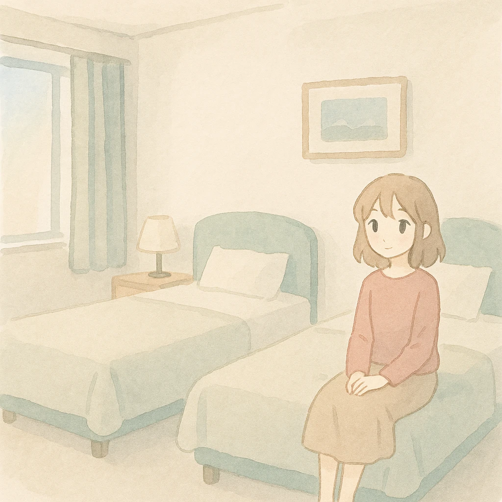 Change the double bed in the hotel room to two single beds. Maintain the soft watercolor illustration style with pastel colors, delicate linework, a gentle, whimsical mood, anime-inspired features, and minimal, soft shading. emoji