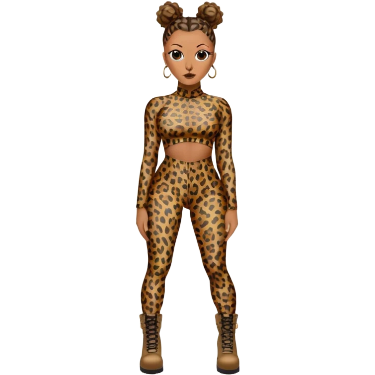 Melanie Brown with topknots in her hair wearing a tight leopard print two piece bodysuit and combat boots emoji