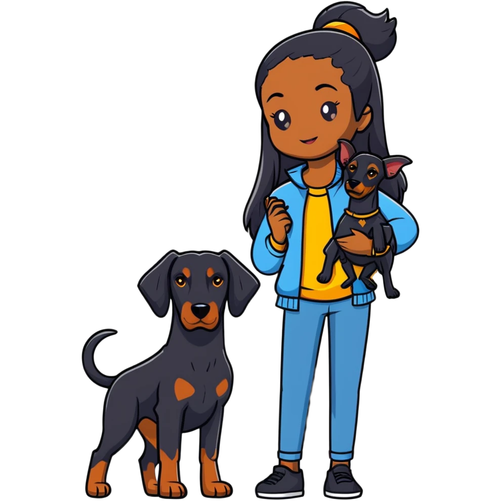 Black girl with long hair holding a Doberman dog emoji