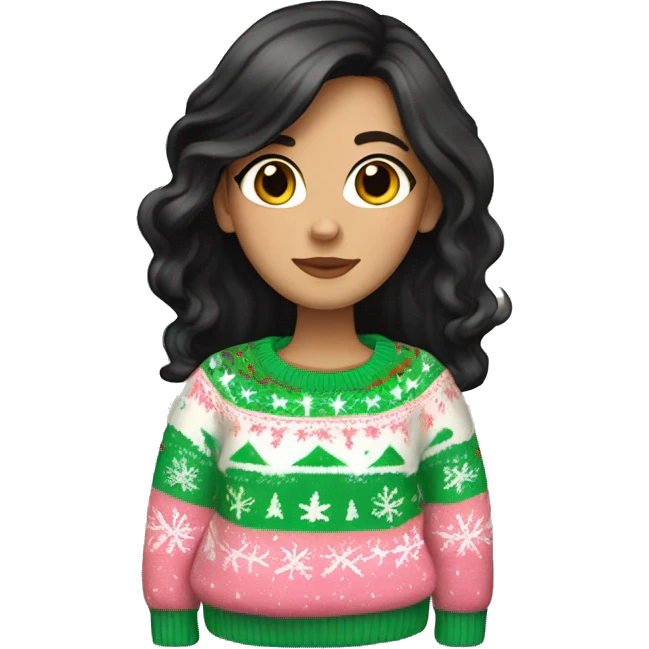 White girl with long black hair wearing a Pastel Christmas sweater emoji