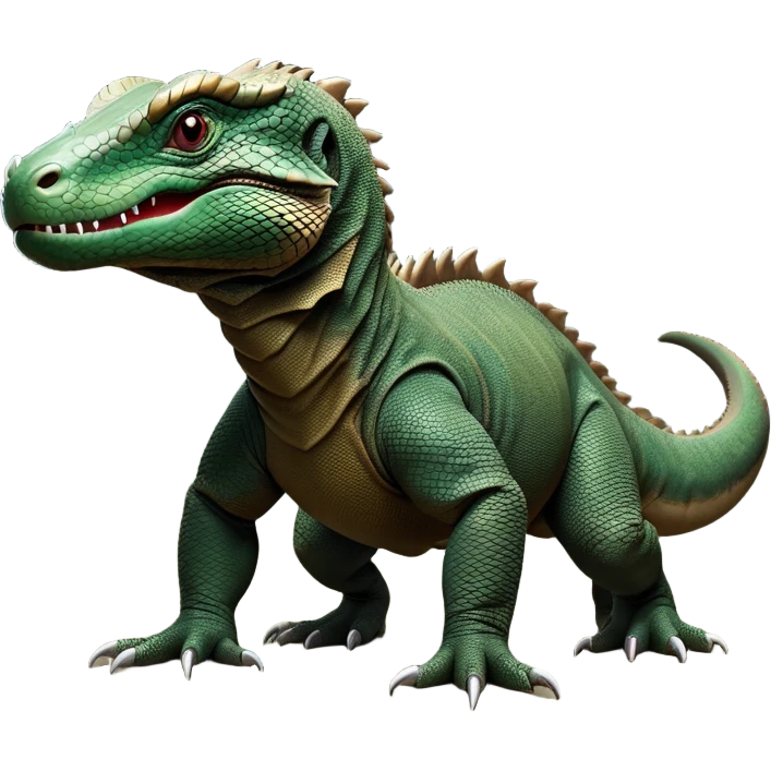 cinematic-komodo-dragon-realistic-full-body-standing on all fours-emoji,-massive-scaled-body-poised-with-quiet-power,-rough-textured-skin-dark-green-and-dark brown, black,-head-tilted-dramatically,-long-forked-tongue-flicking-out,-simplified-yet-realistic-focused-features,-highly-detailed,-glowing-with-an-almost-sarcastic-glow

 emoji