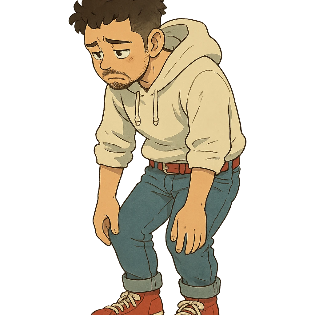 1 male, mid fade haircut dark chestnut brown curly hair, toasted lightskin, white hoodie sleeves up, fashion jeans, red fashion-sneakers shoes, red belt, short trimmed beard and goatee,  style of deku from "my hero academia", doing a "sad" pose emoji