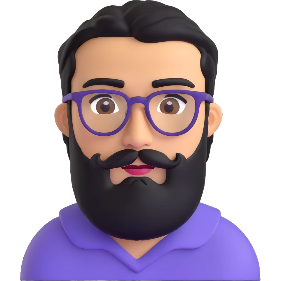 man with medium black beard, black hair, very prominent unibrow, olive tan skin, brown eyes, and glasses emoji